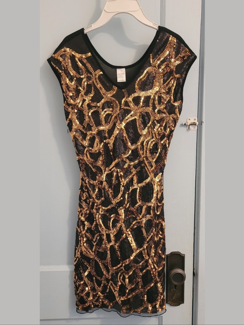 Gold Sequin Swirl Mini Dress in Black - Evening Party Dressn - Anna Kaci Size S